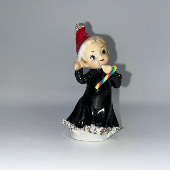 Vintage Dancing Angel Pixie Elf Santa Helper Ceramic Pixie Black Gown Candy Cane - Picture 4 of 13